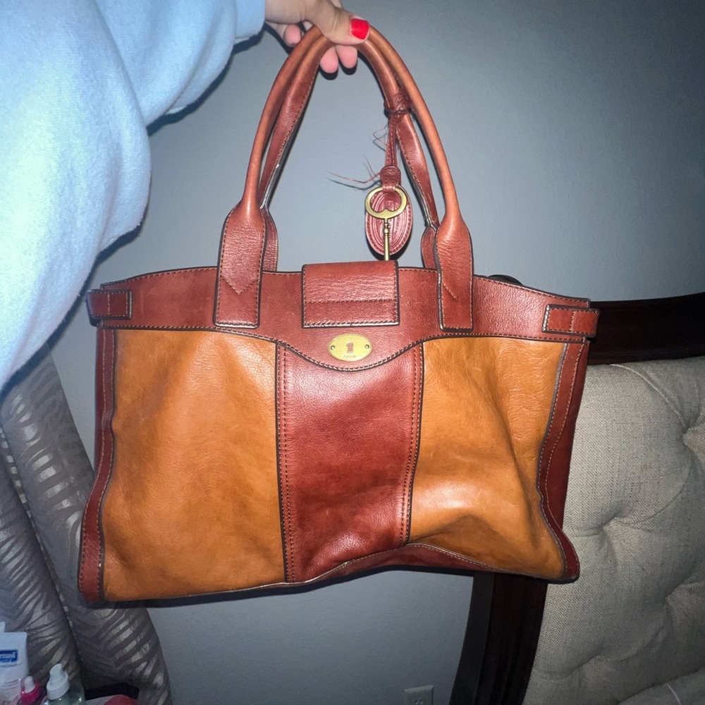 Two-Tone Brown Leather Tote Bag